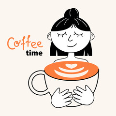 Coffee illustrations and icons. Concept design for menu, kitchen, cafe, poster. Cute character with coffee mugs. Flat vector art.