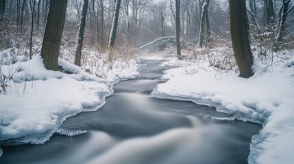 A winter creek flows through a snowy forest.