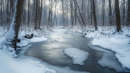 Frozen stream flowing through a snowy forest.