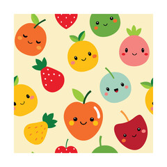 Kawaii Fruit Character Seamless Pattern in Color