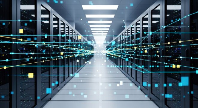 Futuristic data center server room with glowing network connections