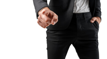 A business professional pointing assertively, dressed in a suit, on a transparent background.