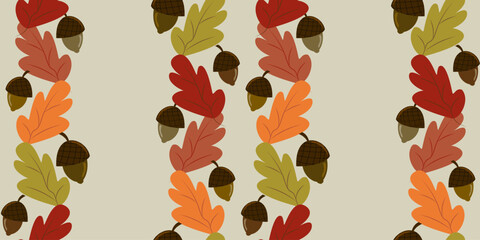 Seamless vector border pattern of autumn oak leaves and acorns in vertical stripes on a light beige background. Ideal for fall crafts, digital trim, and seasonal decor.