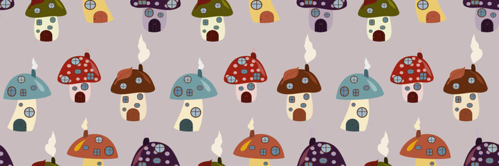 Seamless vector pattern of whimsical mushroom houses on a light lavender background. Ideal for charming nursery decor, fairy tale designs, and children's textiles.