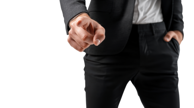 A business professional pointing assertively, dressed in a suit, on a transparent background.