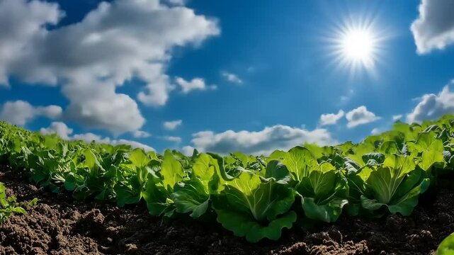 Sunny Lettuce Field with Blue Sky.