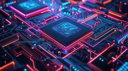 Obraz premium Detailed close-up of a circuit board with glowing components.