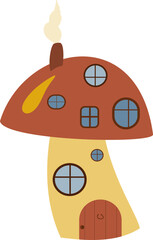 Cute mushroom house vector illustration with a brown cap and yellow accent. Great for children’s books, fantasy themes, fairy tales, posters, and creative projects.
