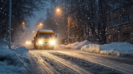 Snow removal truck on a snowy city street at night.