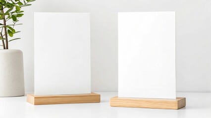Two blank white cards standing upright on wooden bases with a potted plant in a textured vase on the left