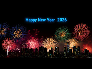 Spectacular New Year's Eve 2026 Fireworks Display over City Skyline; Festive, Vibrant, Celebratory Mood.