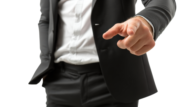 Businessman in a suit pointing forward, isolated on white background. - Powered by Adobe