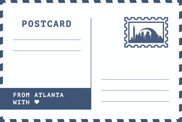 From Atlanta, USA postal card template. Vector postcard illustration with stamp, landmark, message. Simple flat greetings image layout