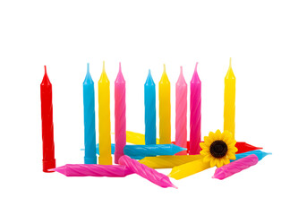 Colorful Birthday Candles and Sunflower Decoration isolated on transparent background