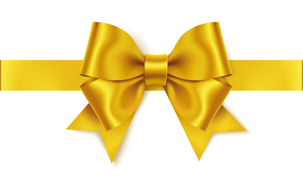 Decorative golden bow with horizontal ribbon isolated on white background. Vector stock illustration.	