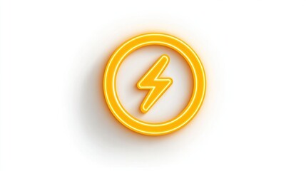 A vibrant, yellow-orange neon lightning bolt icon, centrally positioned within a bold circular frame, set against a stark white backdrop.  The design casts a subtle shadow