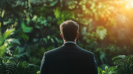 A corporate CEO announcing a futuristic green initiative at a conference 