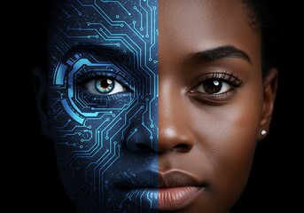 Future-focused imagery of a woman's face, blending natural features with intricate digital circuits.

