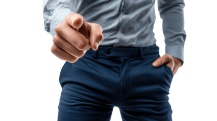 Confident businessman pointing finger, isolated on white background.