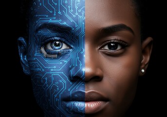 A compelling representation of AI integration, with a human face transformed by blue cybernetics.

