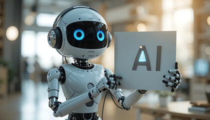 Fototapeta premium A robot holding a sign with 