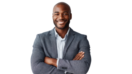 Confident businessman smiling with arms crossed, isolated on white background.