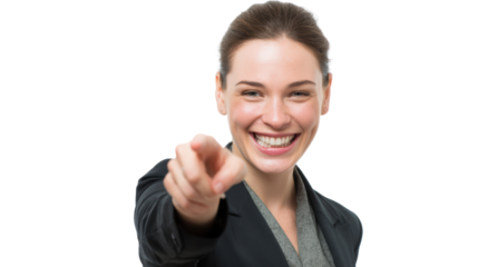 Confident businesswoman smiling and pointing, isolated on white background.