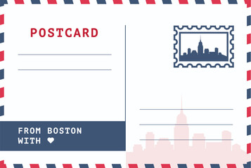 From Boston, USA postal card template. Vector postcard illustration with stamp, landmark, message. Simple flat greetings image layout