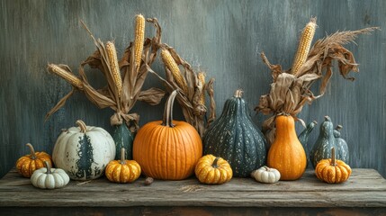 Autumnal display of gourds and dried corn stalks on a rustic wooden surface.