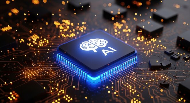 Futuristic ai processor chip glowing with blue light on a circuit board - Powered by Adobe