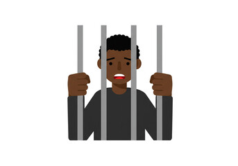 A worried man with dark skin behind bars holding onto the metal bars with a white background