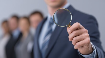 Businessman holding magnifying glass with team blurred in background