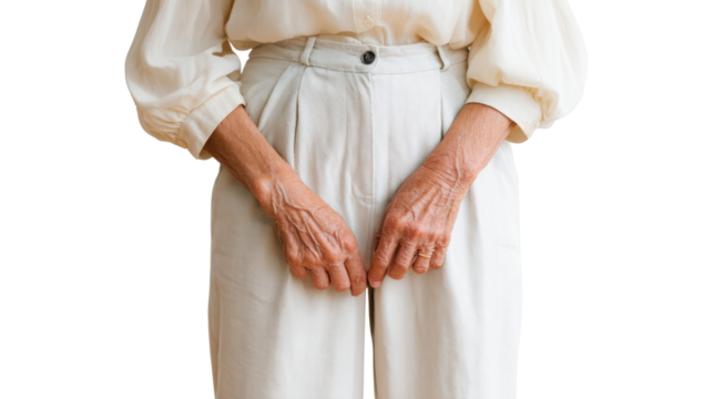 Elderly woman's hands resting on waist with white background, showcasing age and grace.