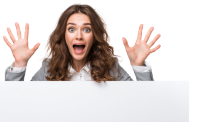 Excited woman with curly hair, hands raised, cheerful expression, white isolate background.