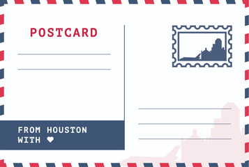 From Houston, USA postal card template. Vector postcard illustration with stamp, landmark, message. Simple flat greetings image layout