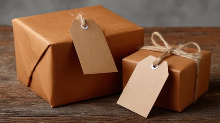 Two brown wrapped packages with blank tags on wooden table