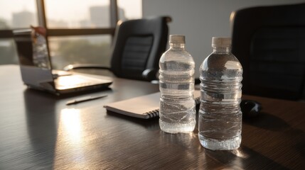 Two water bottles placed on wooden table in modern meeting room