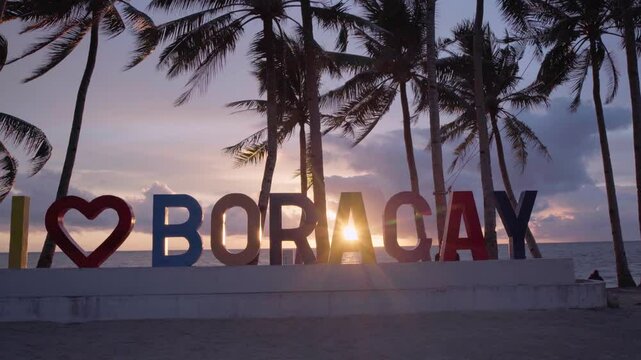 sign on tropical Bulabog Beach, Boracay island, Philippines