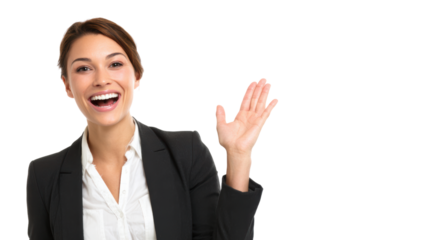 Happy woman in business attire waving with a smile, isolated on a white background.