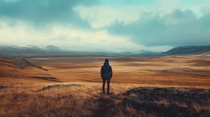 A lone figure stands on a vast, golden plain, gazing at a distant landscape.