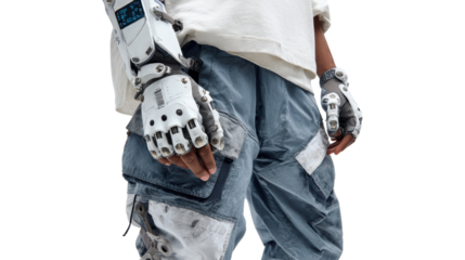 Individual wearing stylish tech-enhanced arm gear with modern fabric pants, isolated on white background.
