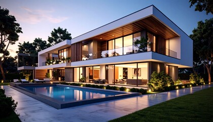 Fototapeta premium Luxury Modern Villa with Infinity Pool at Dusk