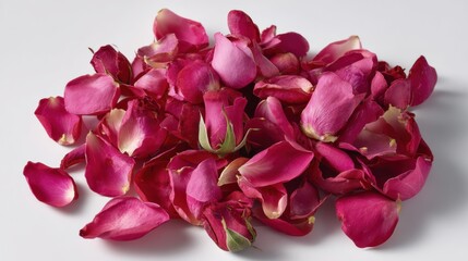Close-up of dried red rose petals and buds on white background