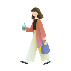 Daily Walk and Delight: An illustration of a casually dressed woman, enjoying a refreshing beverage while carrying shopping bags, symbolizing a relaxed day and cheerful lifestyle.