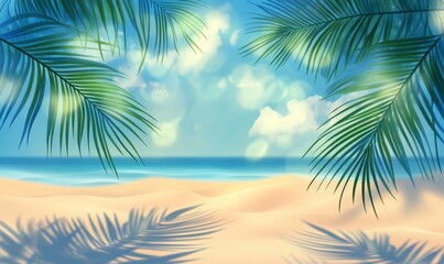 Tropical beach scene with palm leaves and sunlit sand