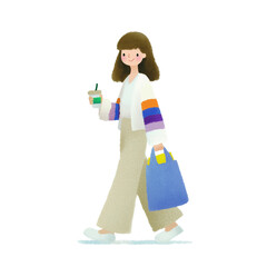 Stylish Stroll: An animated illustration showcases a trendy figure gracefully walking while clutching a beverage cup and shopping bag, capturing the essence of modern lifestyle.