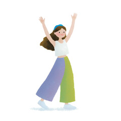 Naklejka premium Joyful Strides: An illustration of a cheerful young girl embodies pure happiness as she joyfully dances, expressing exuberance and carefree spirit.