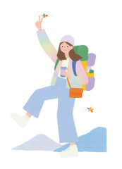 Adventure's Embrace: An artist's rendering depicts a youthful female traveler ascending a mountainside, brimming with happiness and a thirst for exploration.