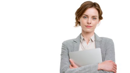 Professional woman holding a laptop, standing confidently with arms crossed, isolated on white background.