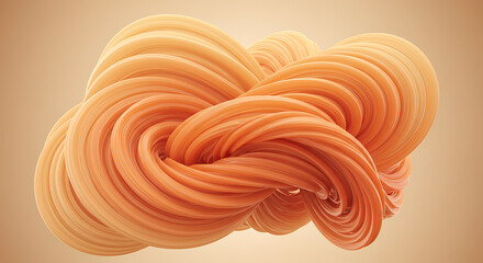 Abstract flowing organic form with smooth glossy orange and peach colored strands twisted together in a complex shape against a neutral background